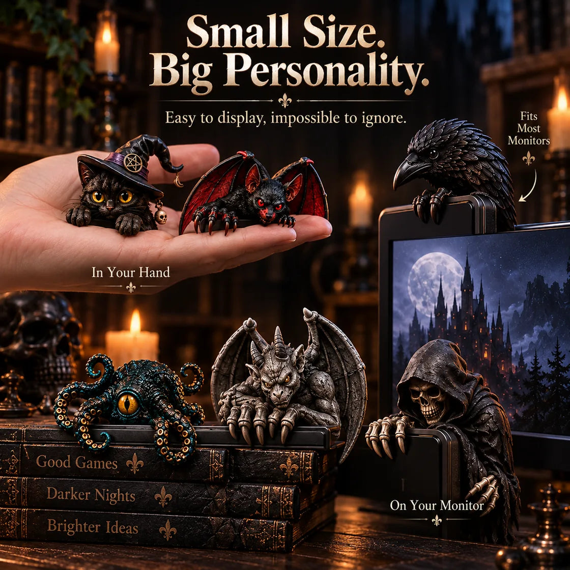Hand-held scale reference and monitor display of gothic creature figurines