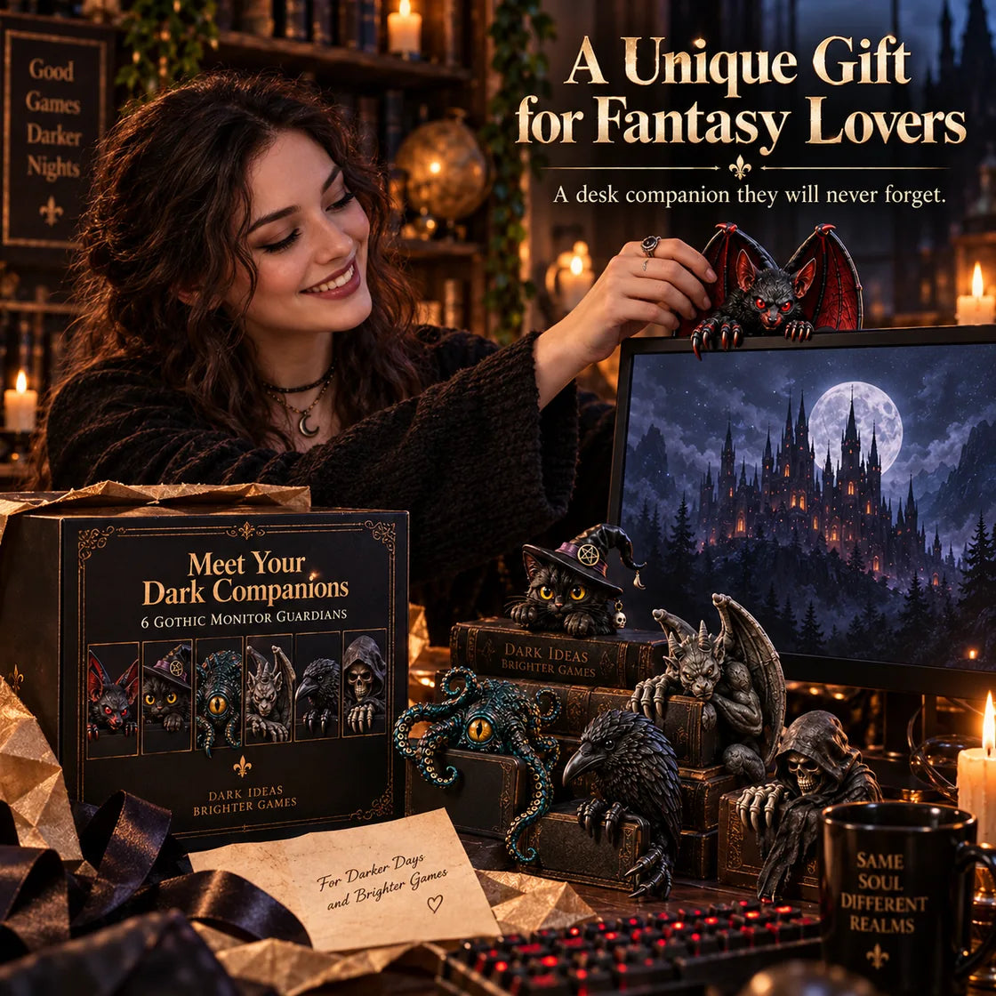 Gothic creature desk figurines presented in a gift scene