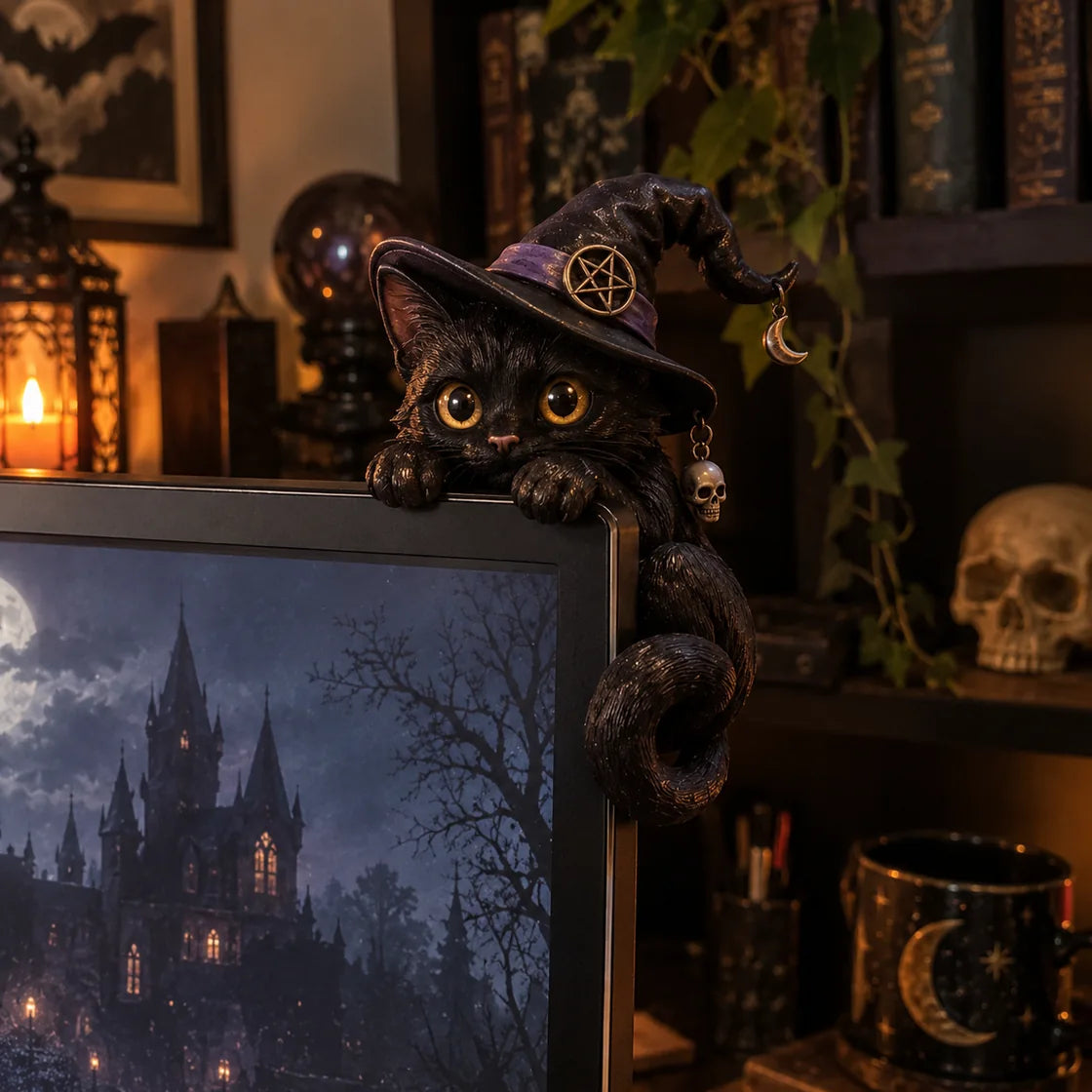 Witch cat placed beside a home monitor