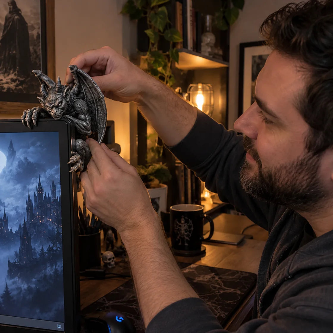 Person placing a gargoyle figurine at a home monitor