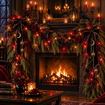 🖤🥀 Dark Gothic Cedar Garland – Victorian-Inspired Fireplace & Holiday Decor ✨