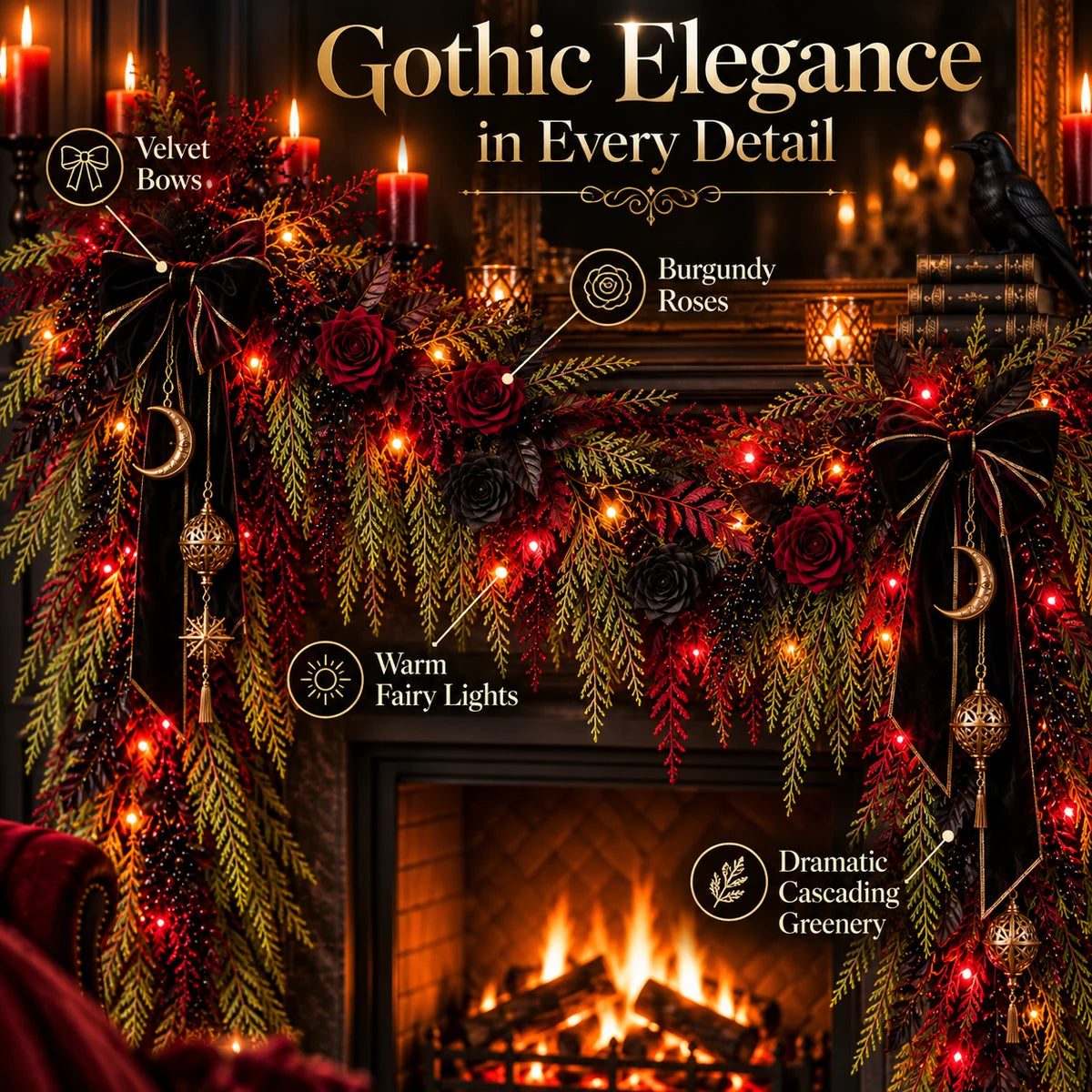🖤🥀 Dark Gothic Cedar Garland – Victorian-Inspired Fireplace & Holiday Decor ✨