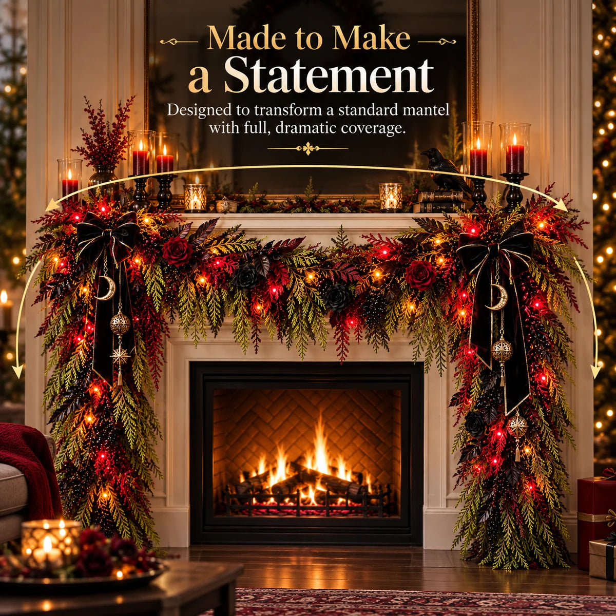 🖤🥀 Dark Gothic Cedar Garland – Victorian-Inspired Fireplace & Holiday Decor ✨