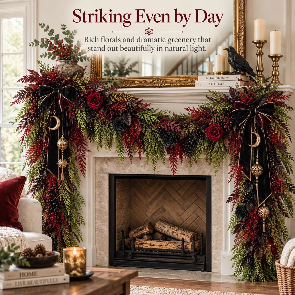 Dark Gothic Cedar Garland shown in daytime natural light