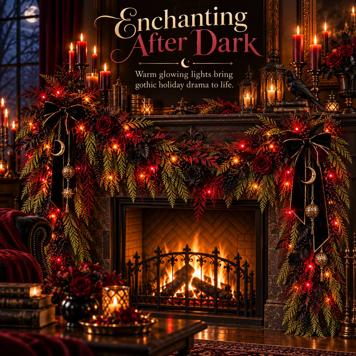 🖤🥀 Dark Gothic Cedar Garland – Victorian-Inspired Fireplace & Holiday Decor ✨
