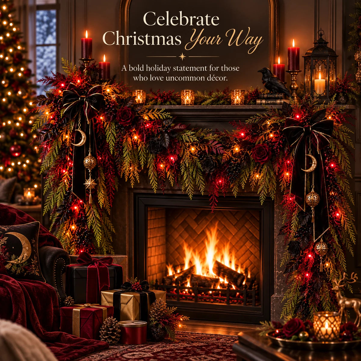 🖤🥀 Dark Gothic Cedar Garland – Victorian-Inspired Fireplace & Holiday Decor ✨