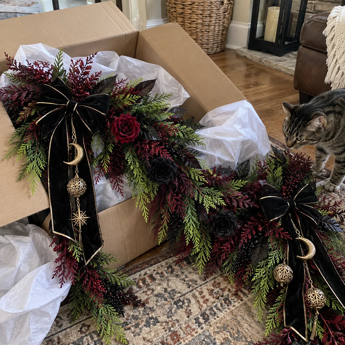 Unboxing the Dark Gothic Cedar Garland at home