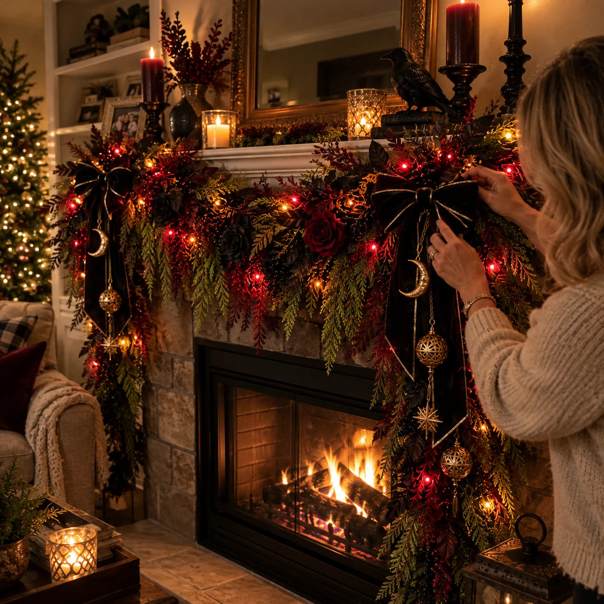 Customer styling the Dark Gothic Cedar Garland on a mantel