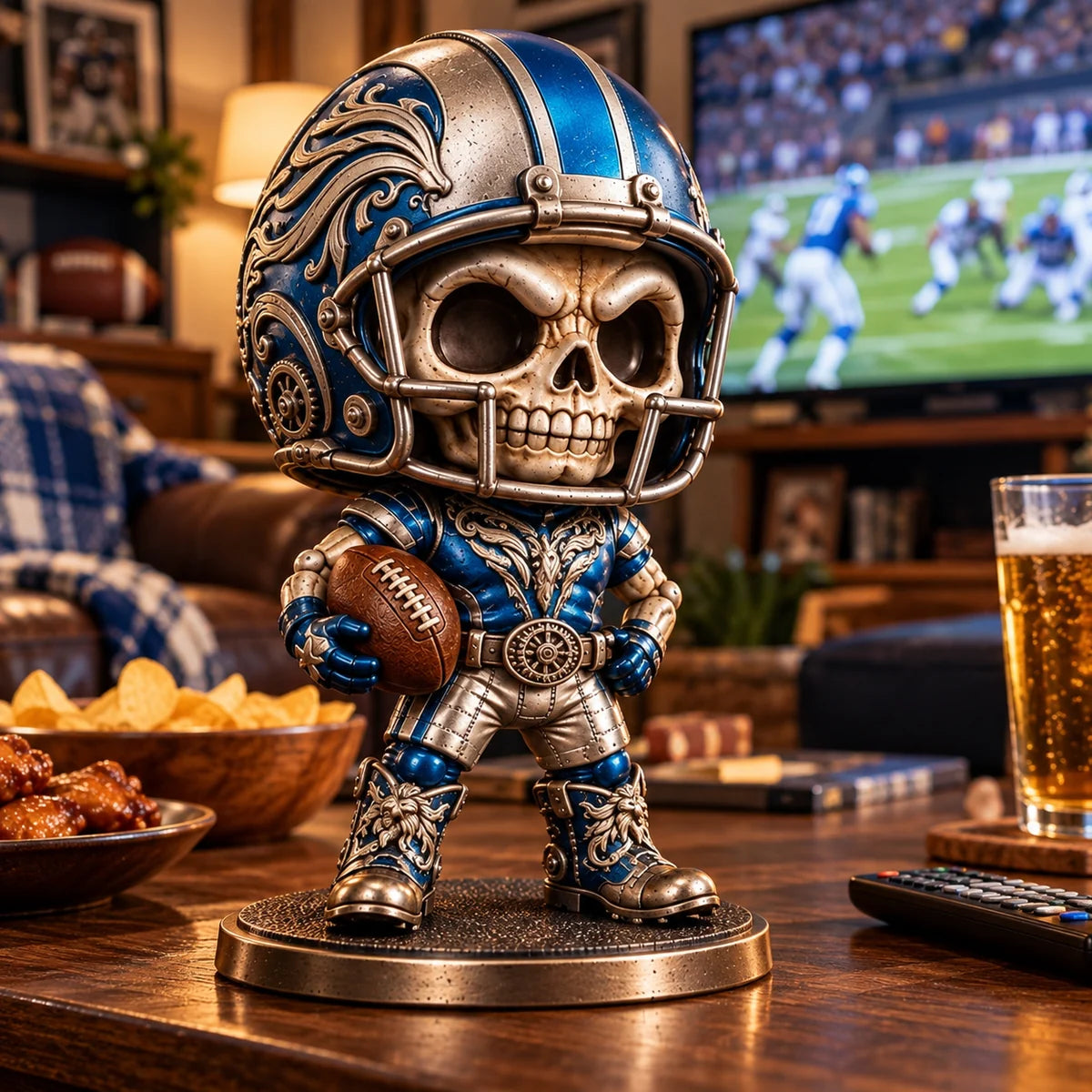 Skull football figure beside TV during football game
