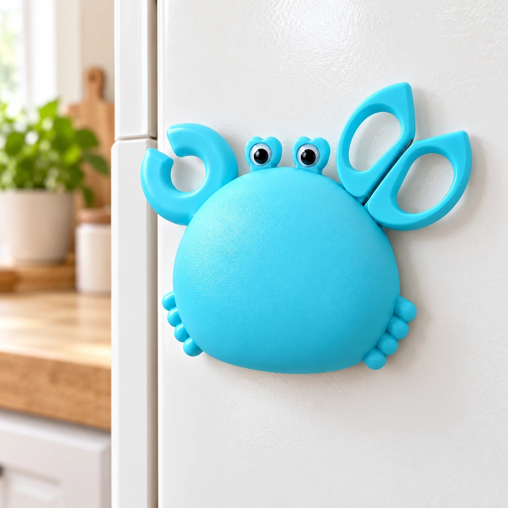 Blue crab-shaped three-in-one tool set attached to a white refrigerator.