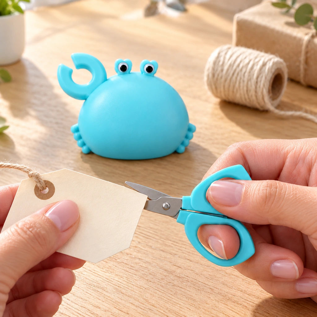 A hand using the blue mini scissors to trim a paper gift tag.