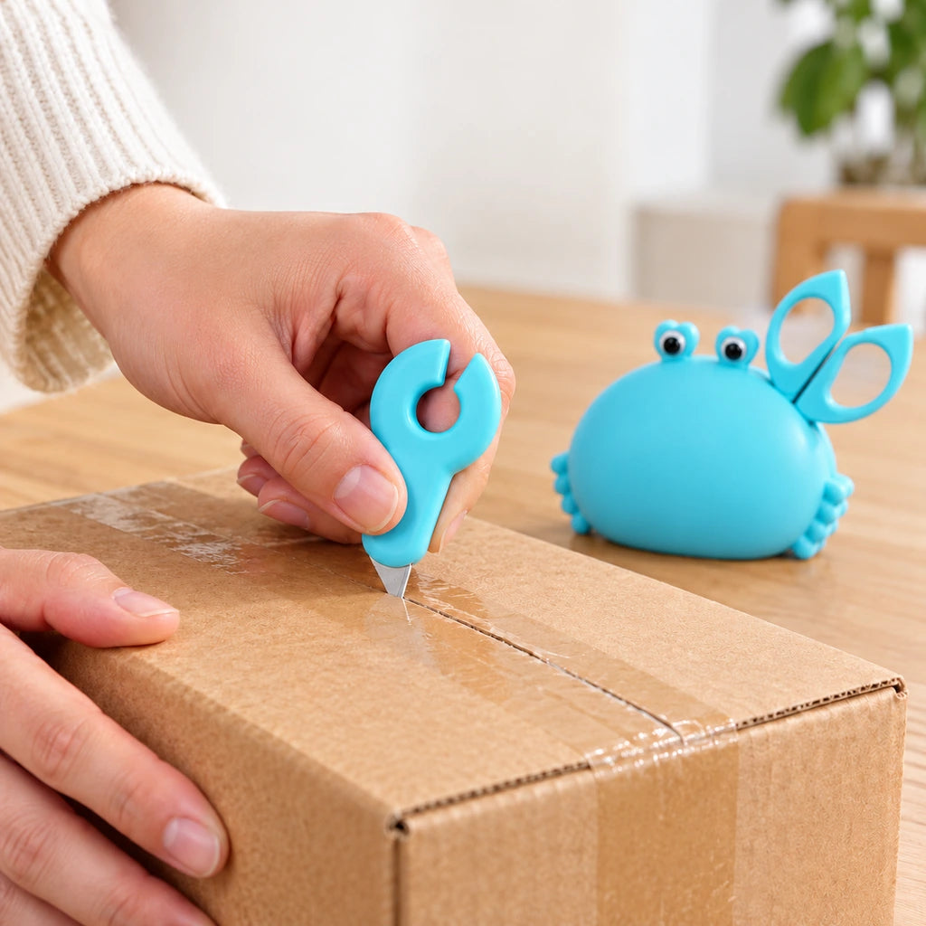 The removable claw-shaped box opener cutting packing tape along a cardboard box seam.