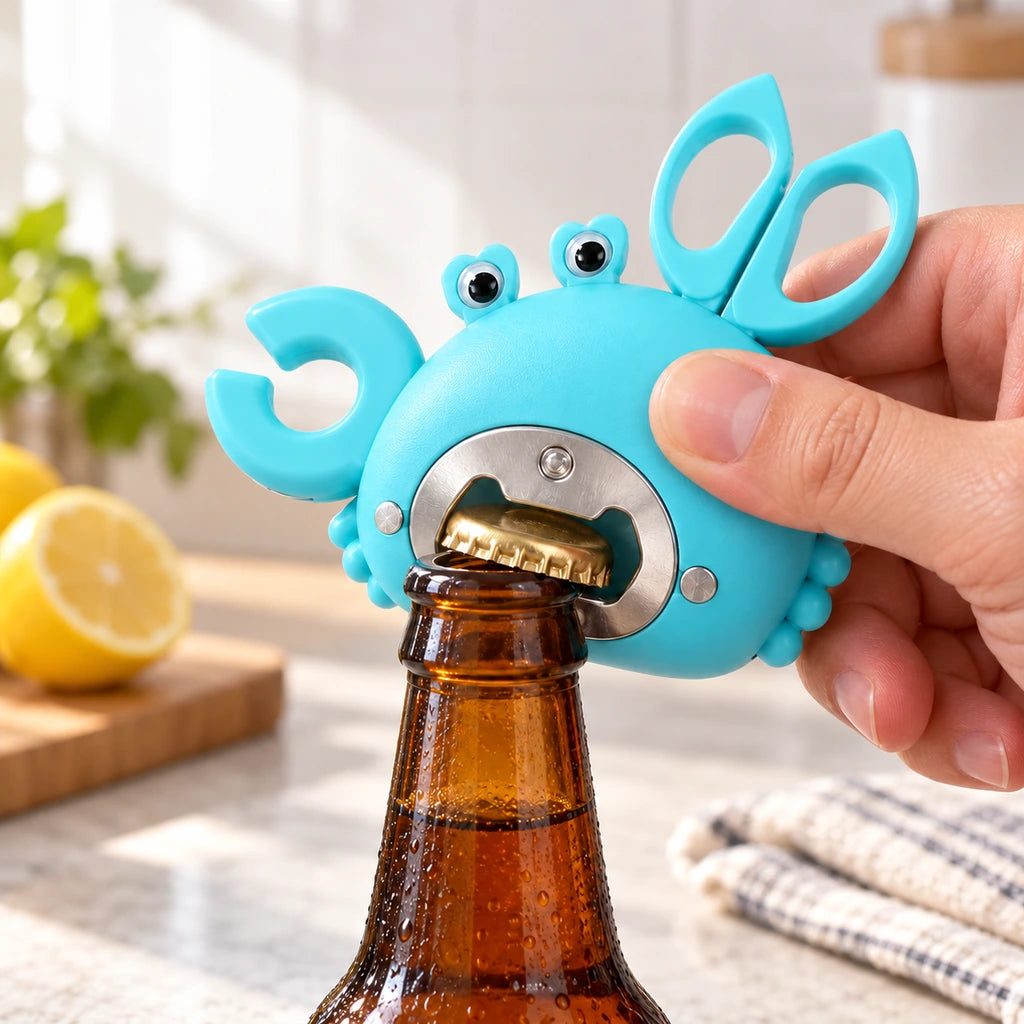 The metal opener on the back of the blue crab lifting a crown cap from a bottle.