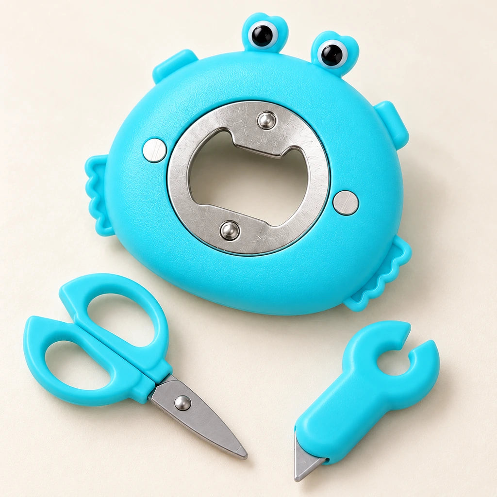 Close-up of the textured blue shell, metal bottle opener and removable cutting tools.