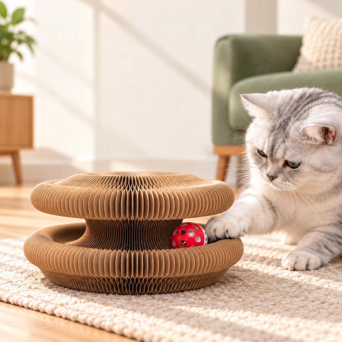 Cat exploring a honeycomb paper scratcher with a red and white bell ball