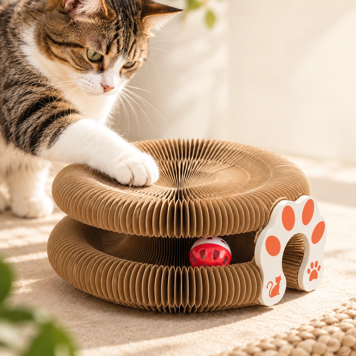 Cat scratching the layered honeycomb paper surface