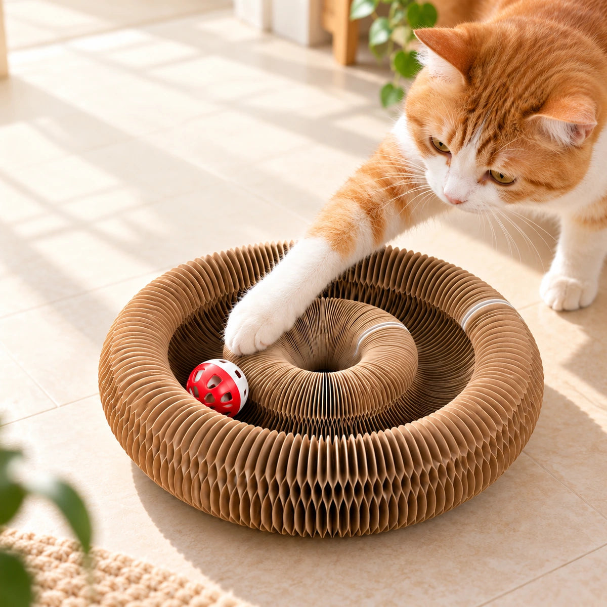 Cat reaching for the bell ball in the curved track