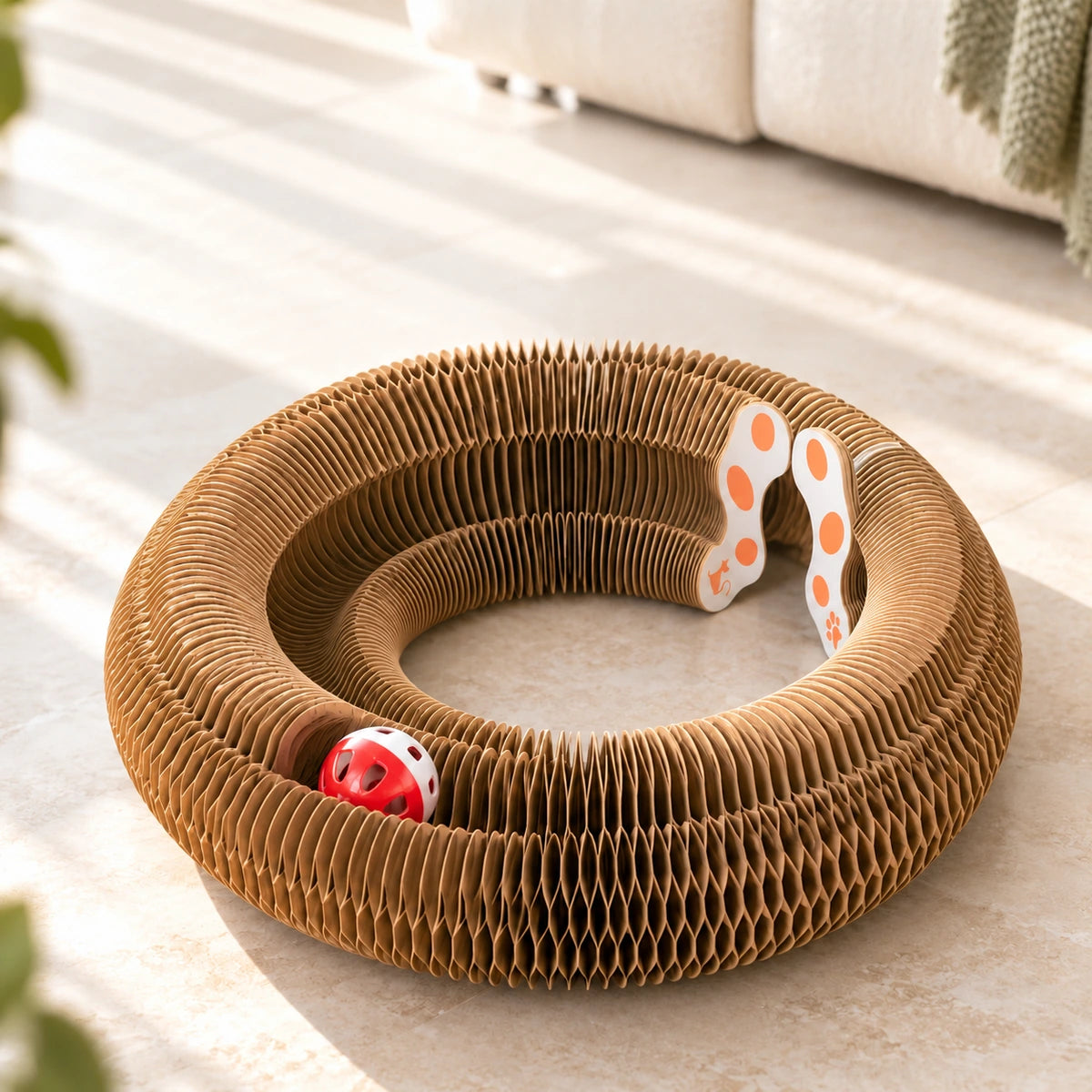 Honeycomb paper scratcher reshaped into a curved ring