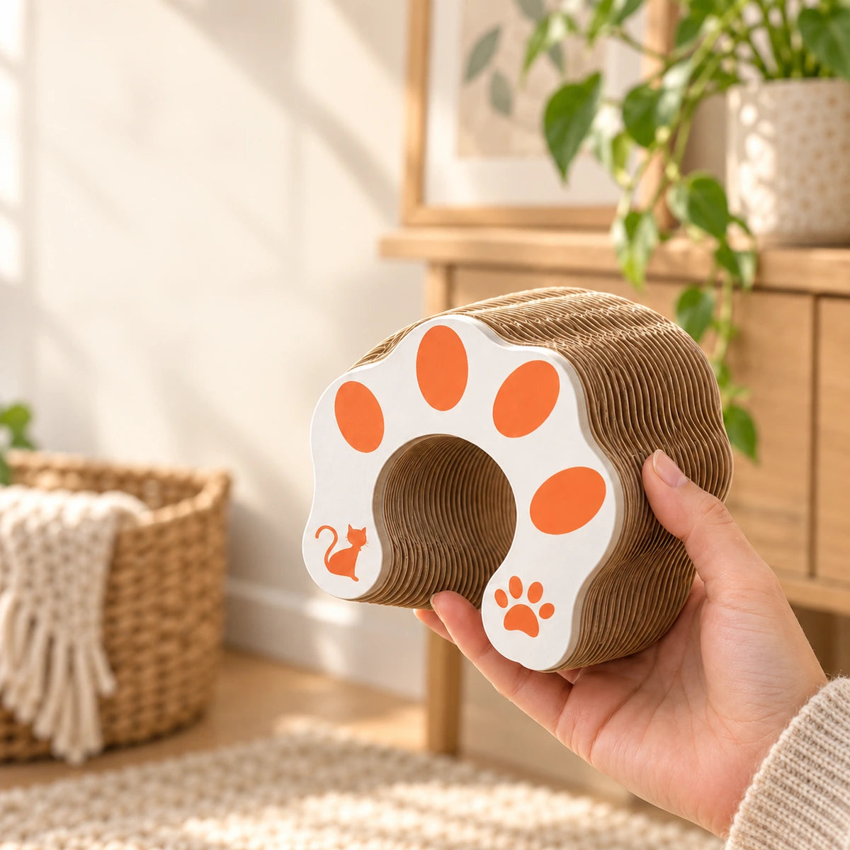 Folded honeycomb cat scratcher held in one hand