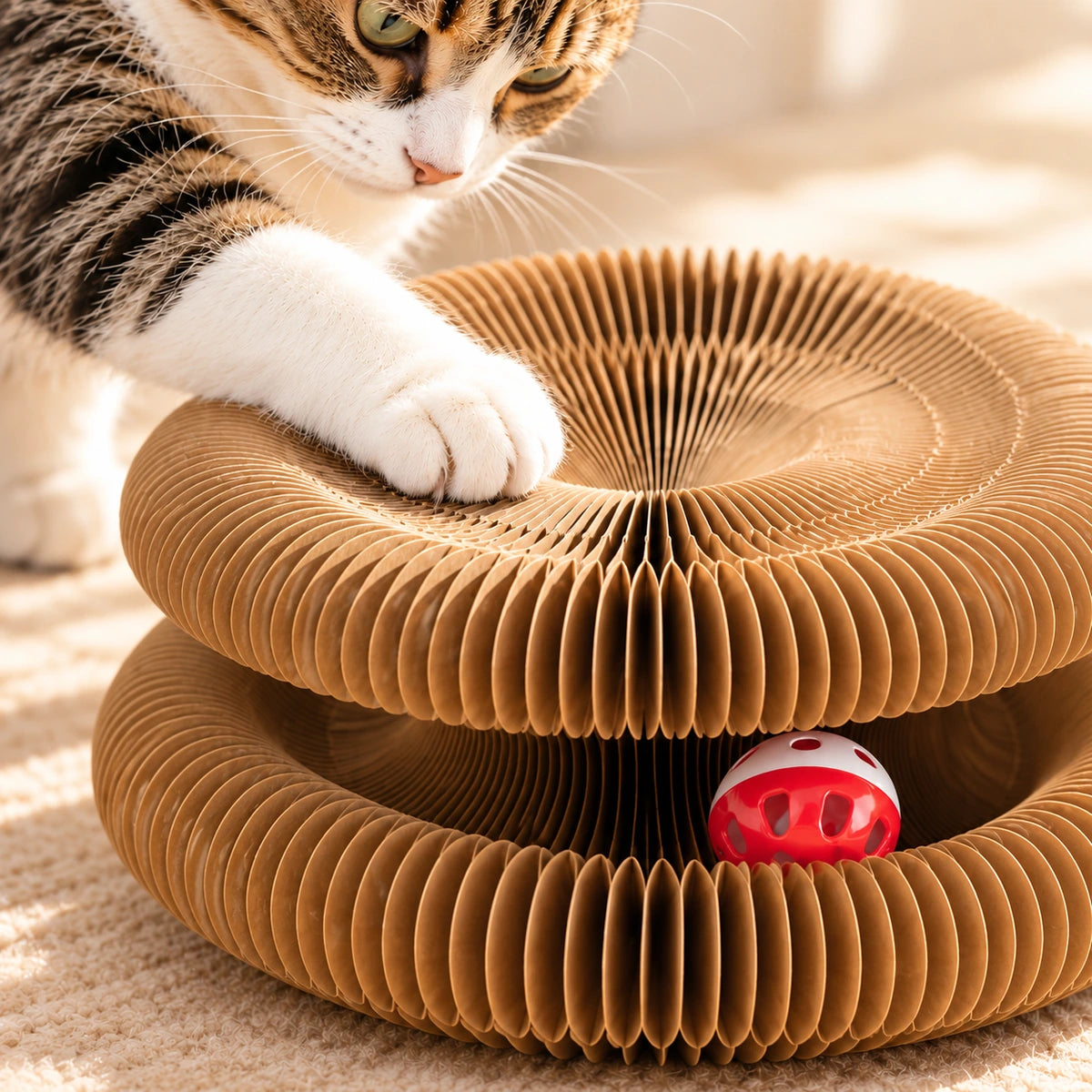 Close view of a cat paw touching the honeycomb paper texture