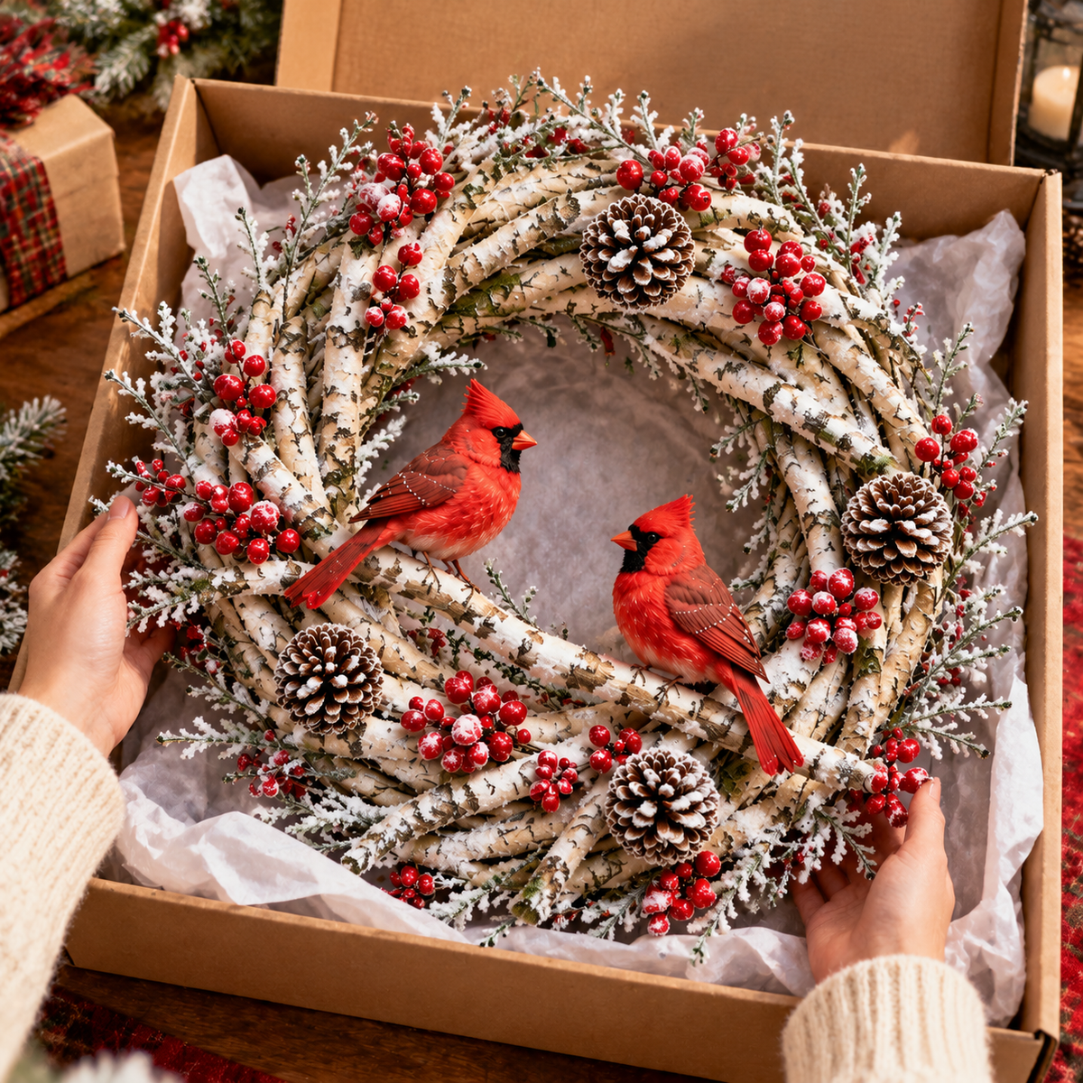 🔥 LAST DAY 49% OFF 🔥❤️ Official Snowy Birch Cardinal Wreath™ – Authentic Quality Lighted Christmas Door Wreath with Paired Red Cardinals, Berries & Pinecones ✨