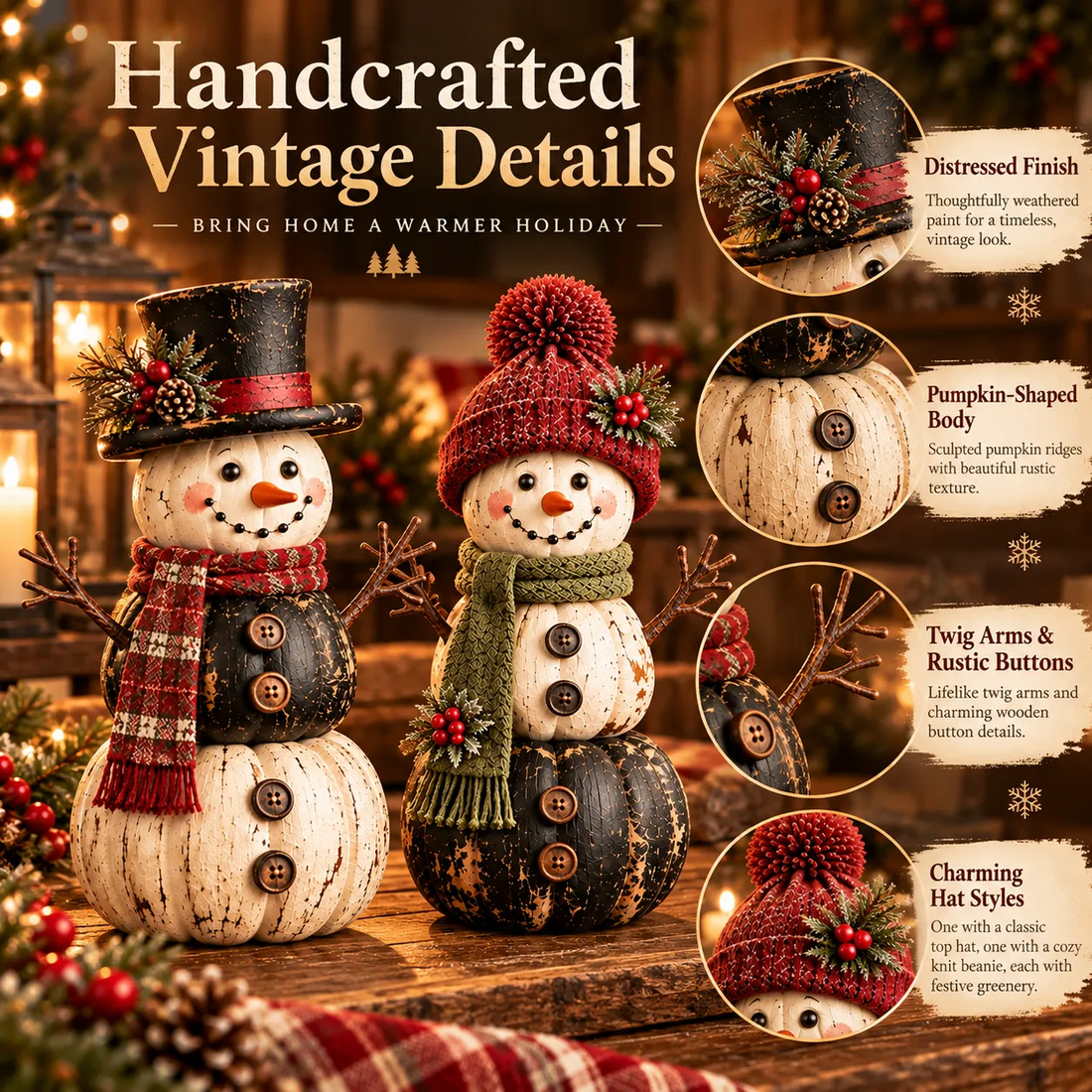 Close-up of vintage snowman hats scarves rustic buttons and distressed finish
