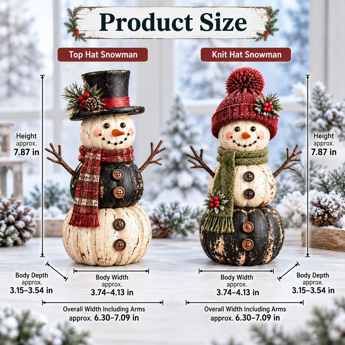 Vintage Pumpkin Snowman Duo – Rustic Black & Ivory Farmhouse Christmas Figurines