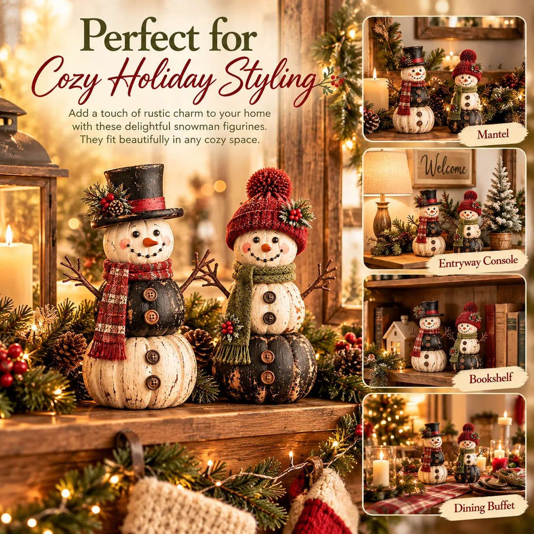 Snowman figurines styled on mantel entryway console bookshelf and dining buffet