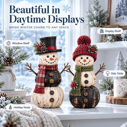 Vintage Pumpkin Snowman Duo – Rustic Black & Ivory Farmhouse Christmas Figurines