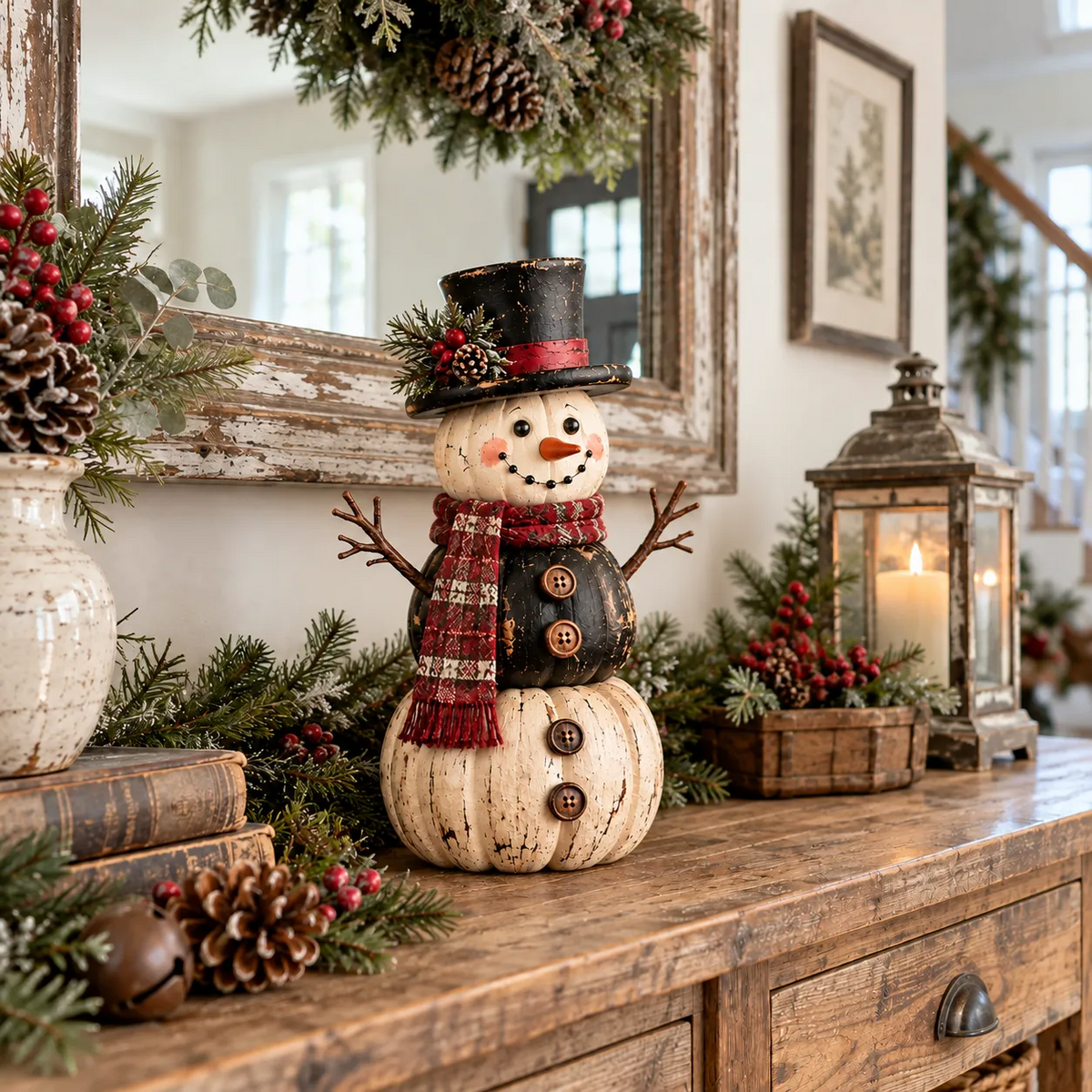 Vintage Pumpkin Snowman Duo – Rustic Black & Ivory Farmhouse Christmas Figurines