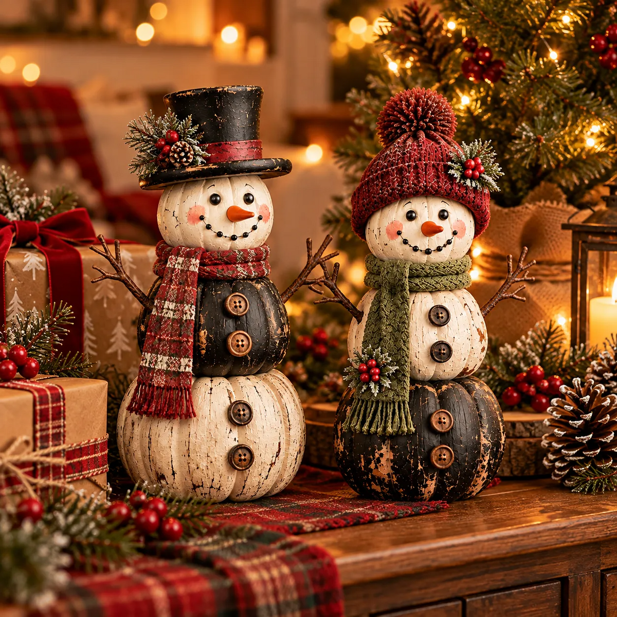 Vintage Pumpkin Snowman Duo – Rustic Black & Ivory Farmhouse Christmas Figurines