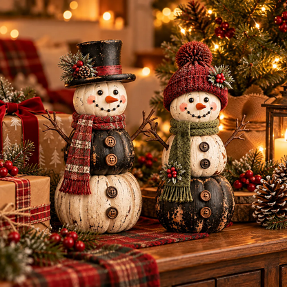 Vintage Pumpkin Snowman Duo – Rustic Black & Ivory Farmhouse Christmas Figurines