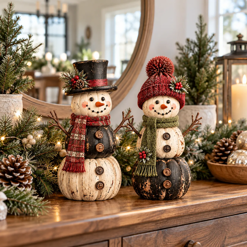 Two rustic vintage snowmen styled with Christmas greenery on a console table