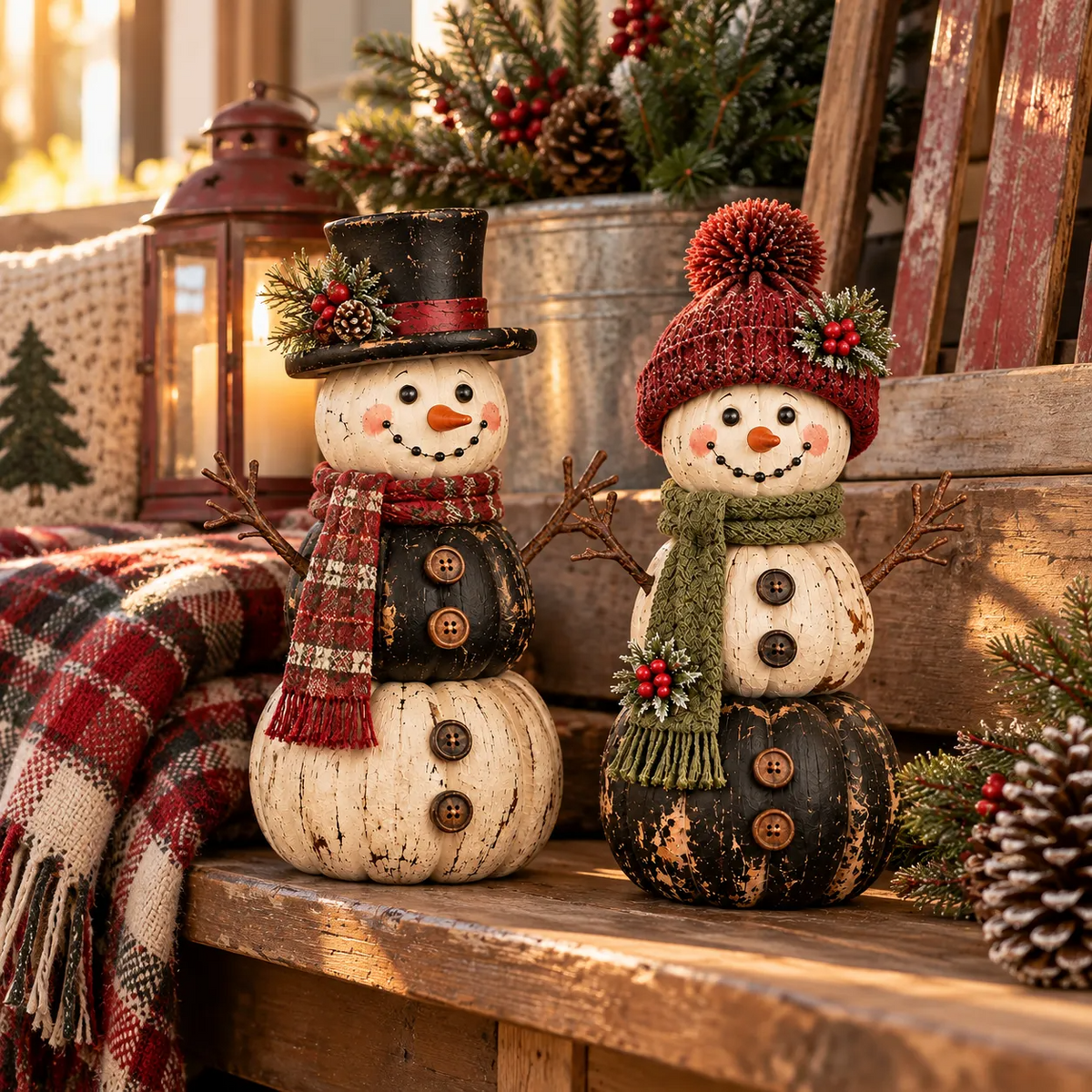 Vintage Pumpkin Snowman Duo – Rustic Black & Ivory Farmhouse Christmas Figurines