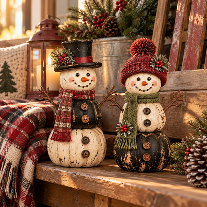 Vintage Pumpkin Snowman Duo – Rustic Black & Ivory Farmhouse Christmas Figurines
