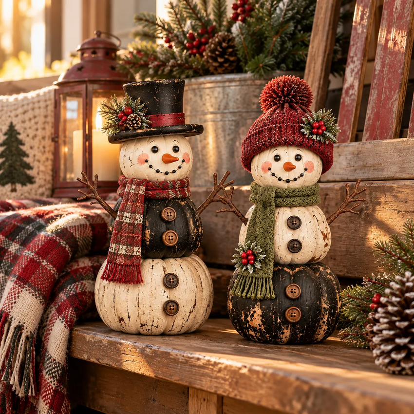 Pair of vintage snowman figurines beside a cozy plaid blanket and rustic lantern