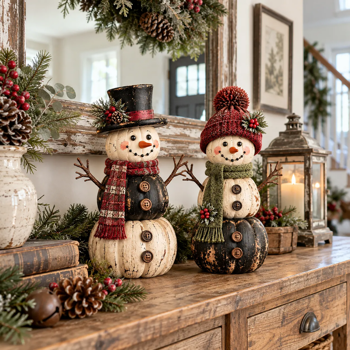 Vintage Pumpkin Snowman Duo – Rustic Black & Ivory Farmhouse Christmas Figurines
