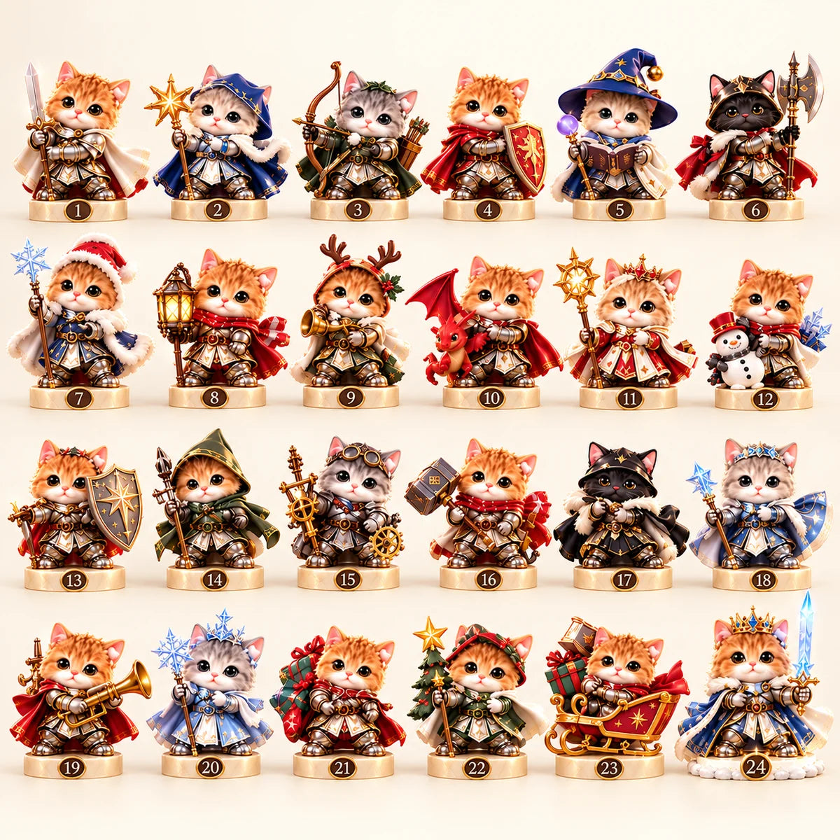 All 24 uniquely styled knight cat mini figurines arranged in four rows