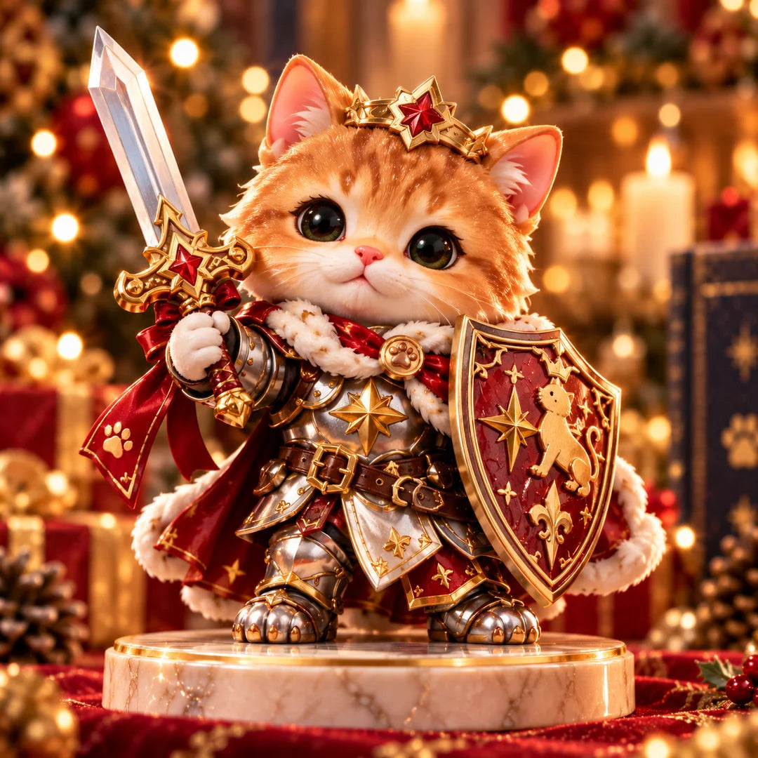 Detailed orange kitten knight with ornate armor, crystal sword and red shield