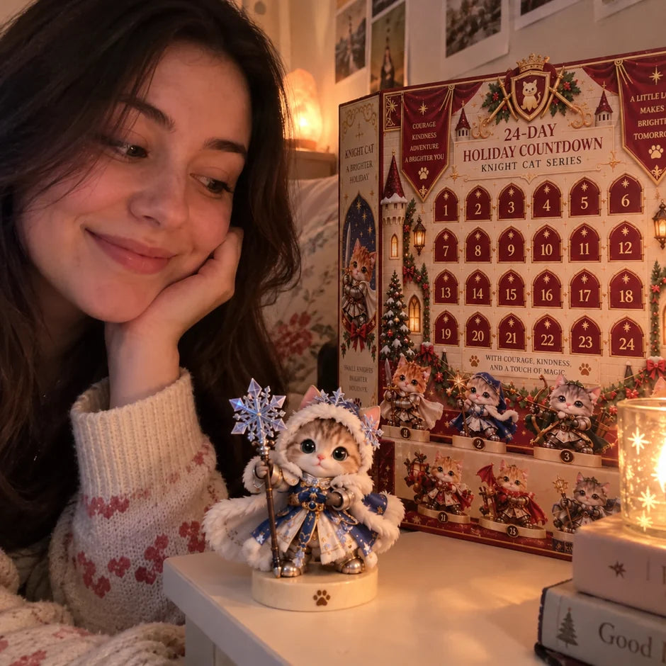 Lifestyle photo of a woman admiring a winter wizard kitten collectible