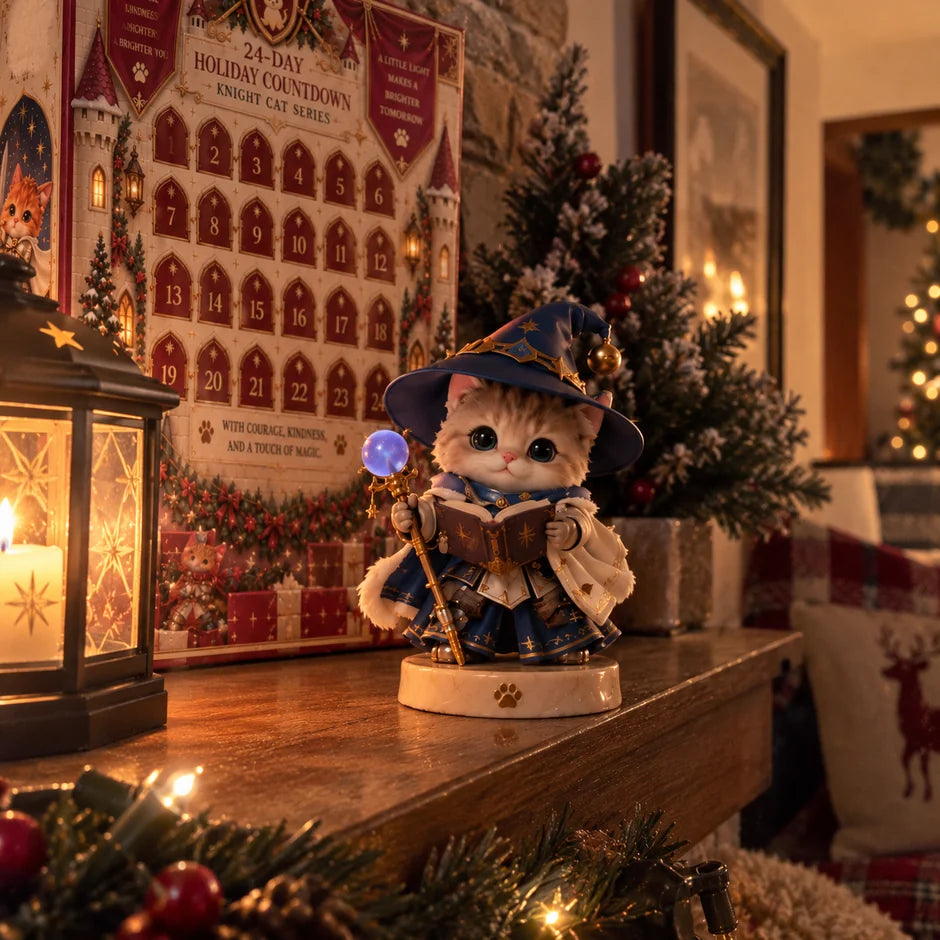 Blue wizard kitten figurine on a Christmas-themed bedside table