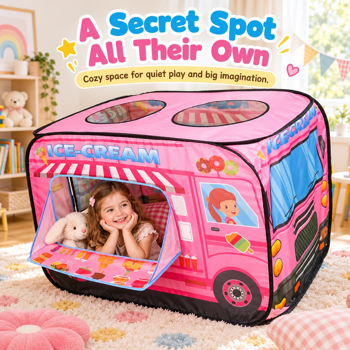 Child in a pink ice cream truck pretend play tent