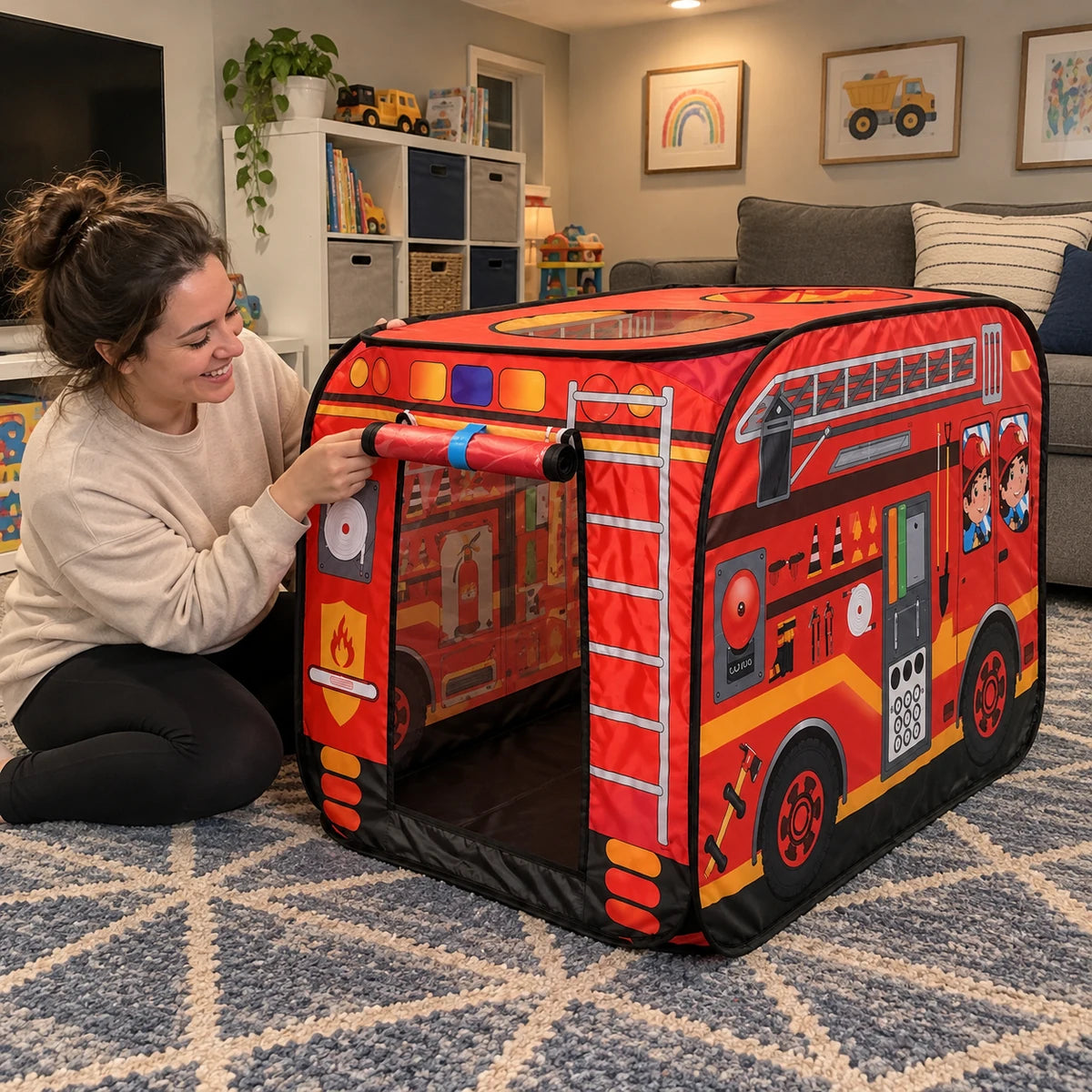 Parent setting up fire truck play tent