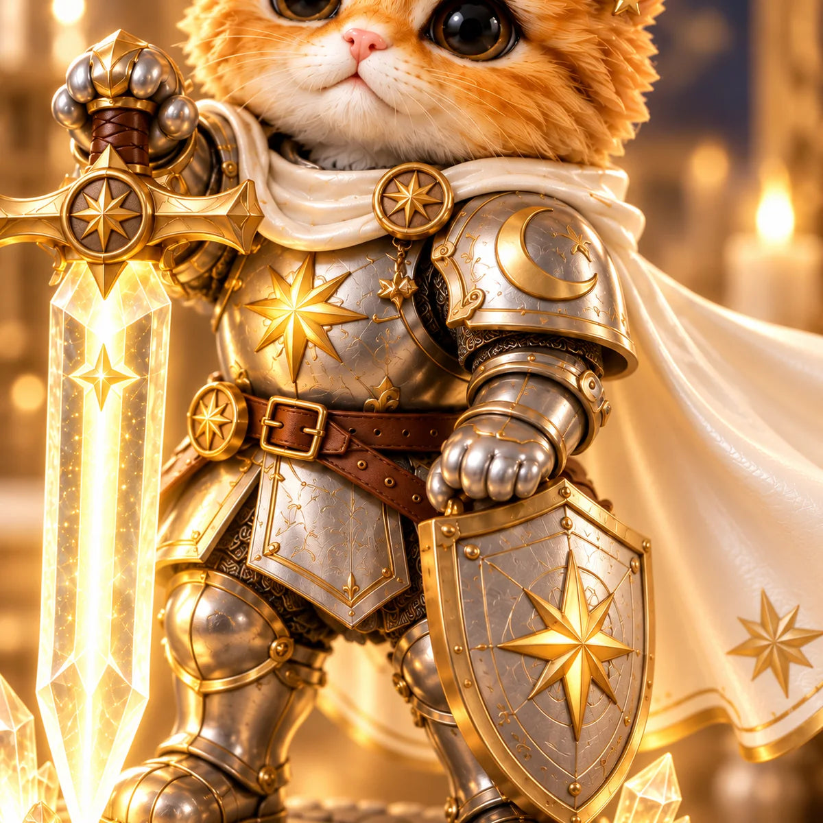 Intricate golden silver armor and star-emblem shield details