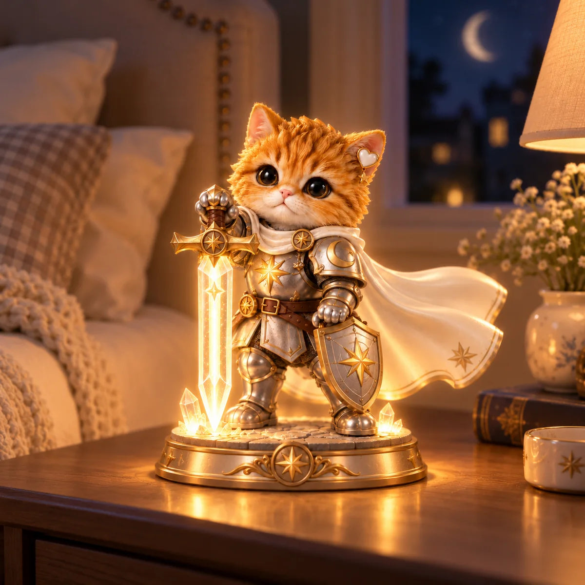Knight cat glowing on a cozy bedside table at night