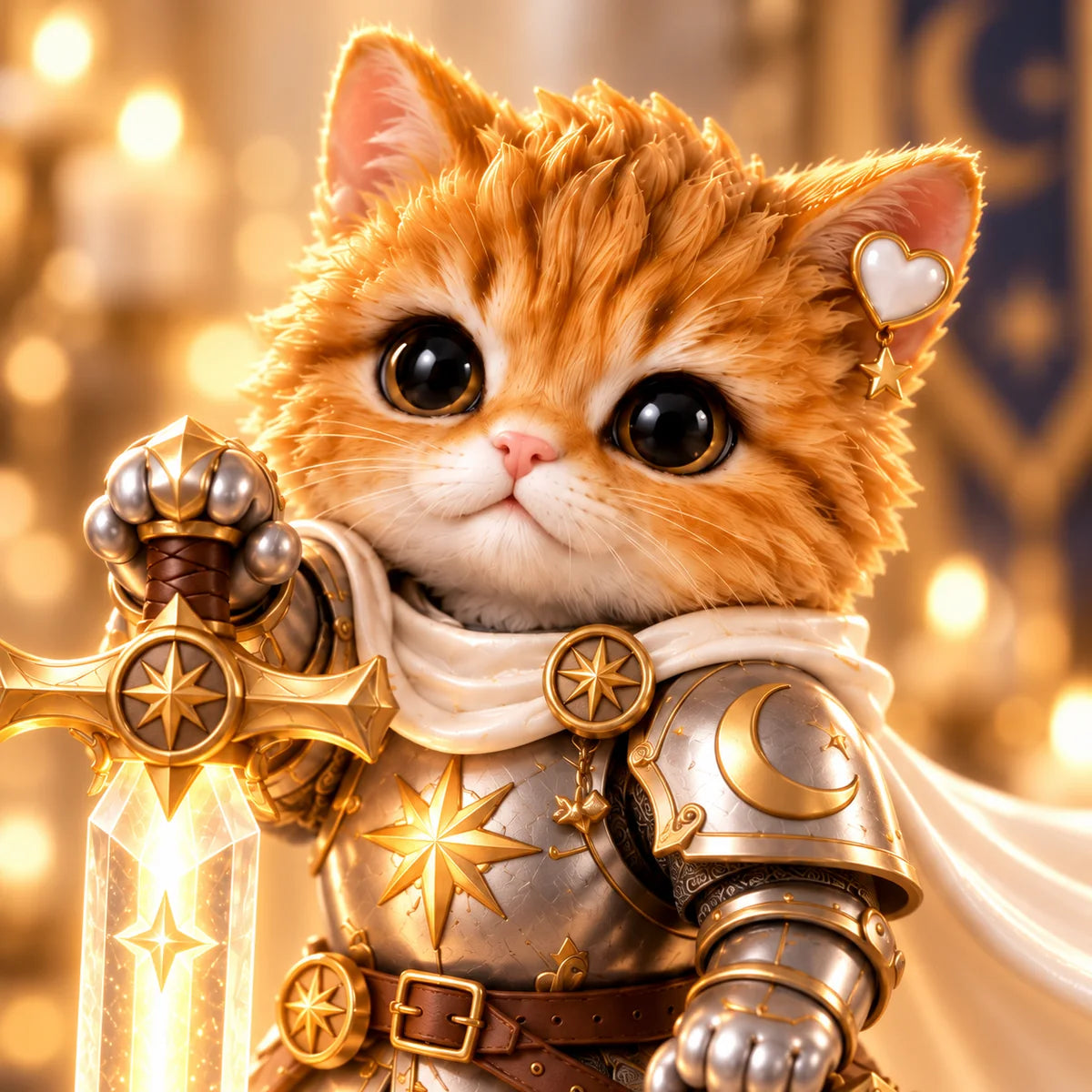 Close-up of the orange knight cat's expressive eyes