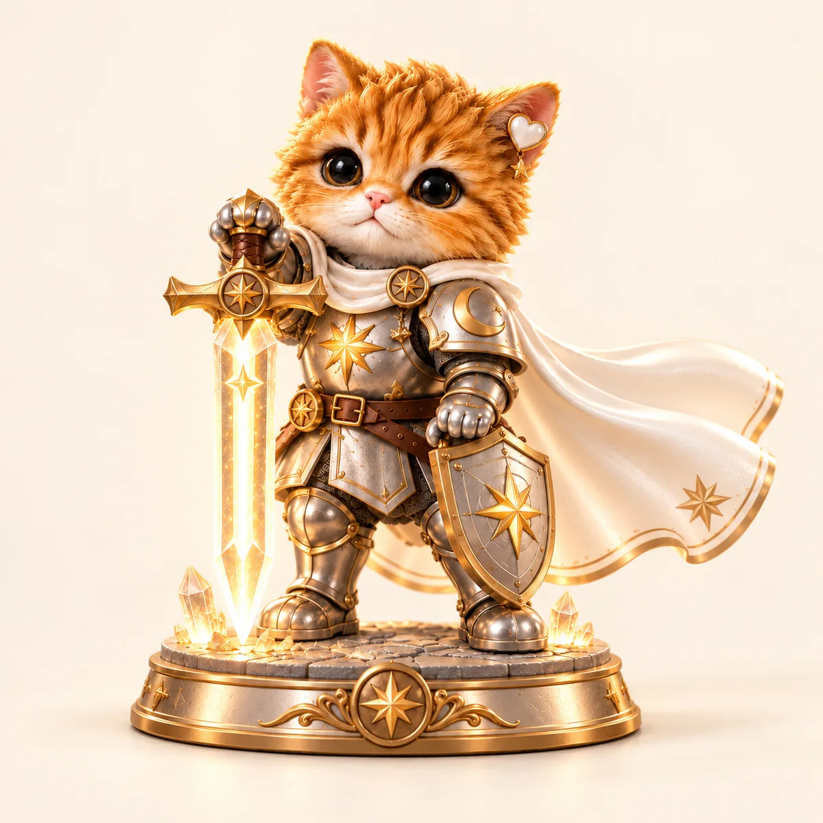 Starlight Guardian Knight Cat figurine with luminous sword and ornate shield