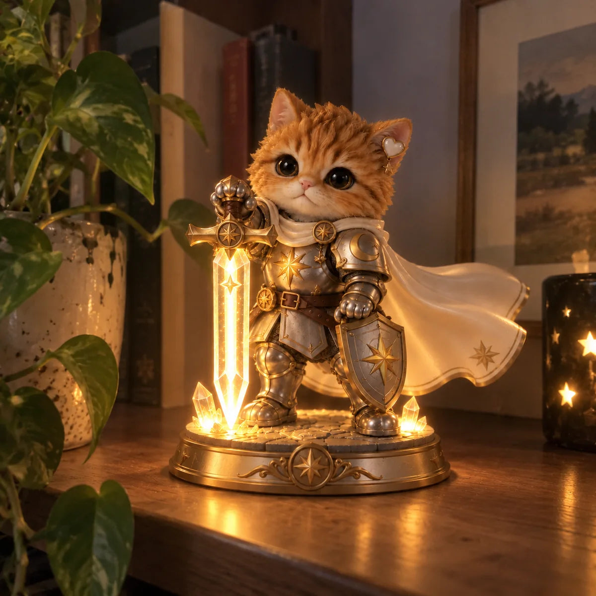 Knight cat figurine on a real home shelf