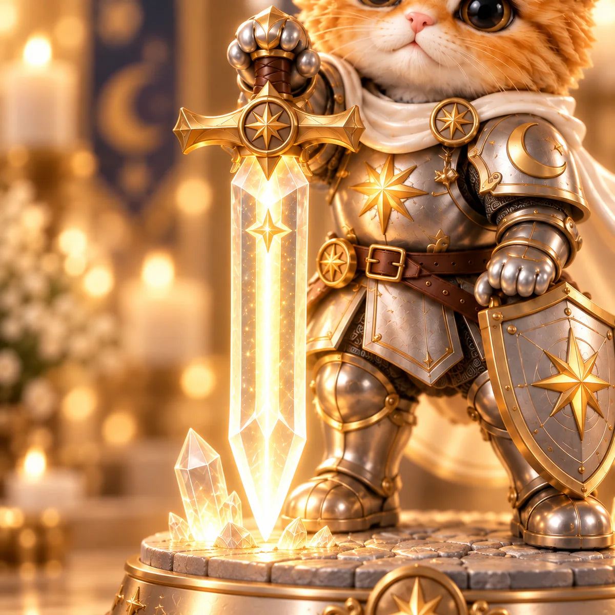 Close-up of the knight cat's illuminated crystal-look sword