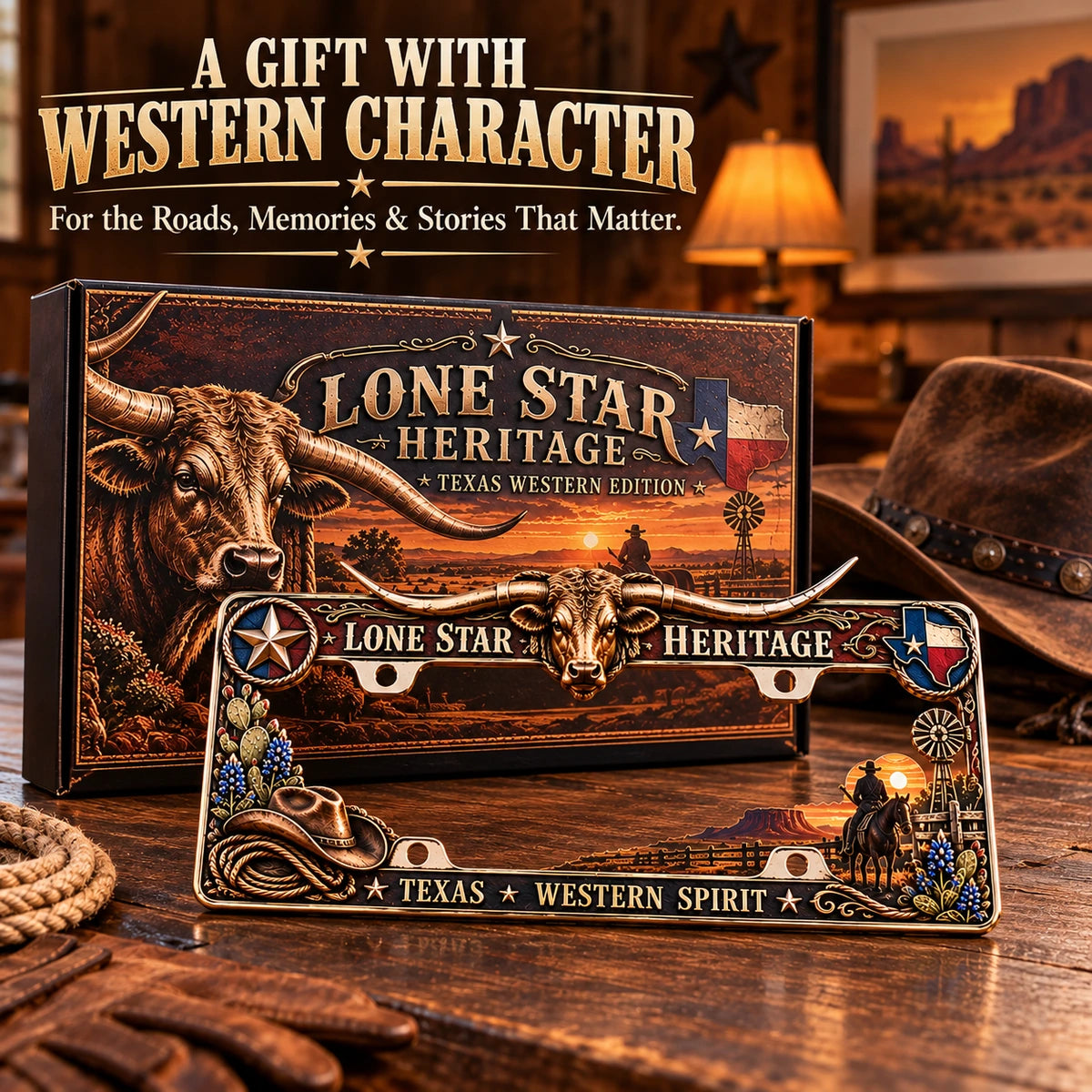 Lone Star Heritage license plate frame and Western-themed presentation box